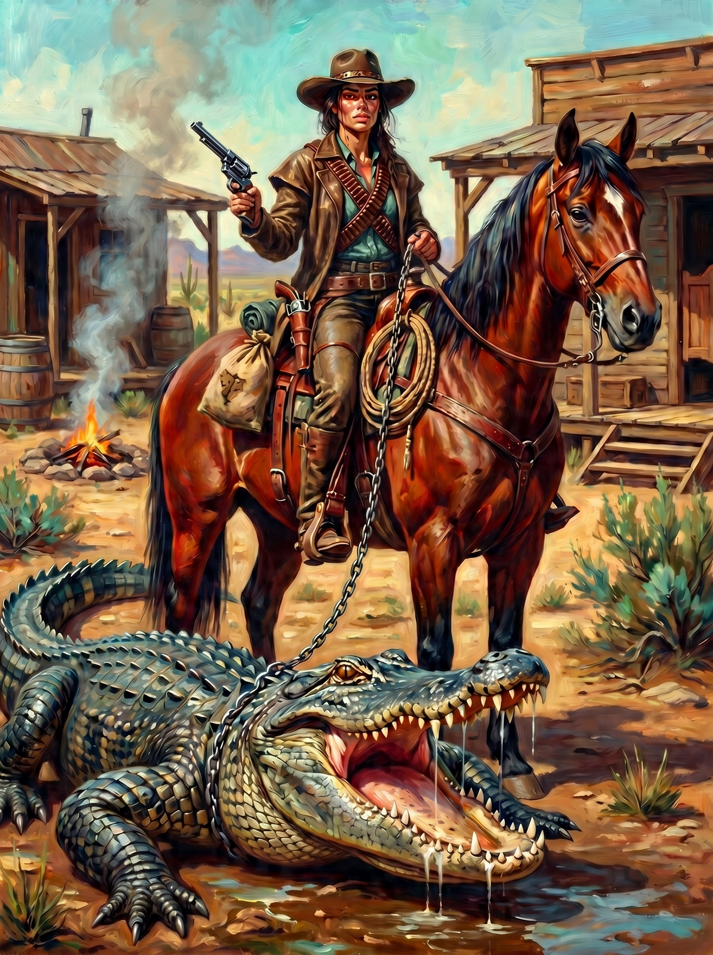 Cowgirl And Alligator (150 Color Diamond Painting)