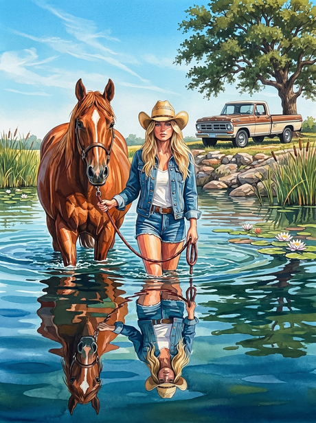 Cowgirl Water Wading (Diamond Painting) Diamond Painting kit