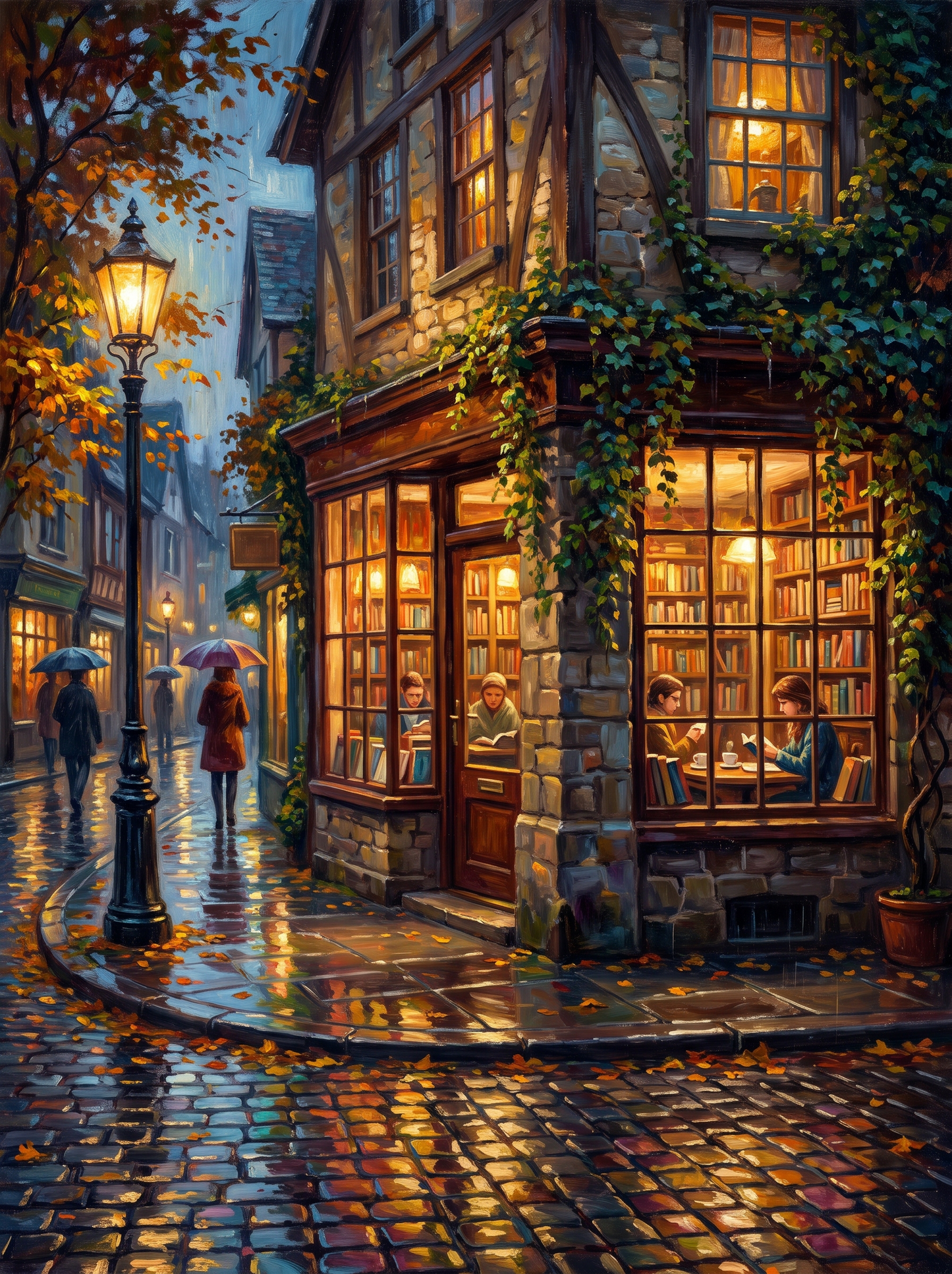 Cozy Bookshop Cafe Rainy Night