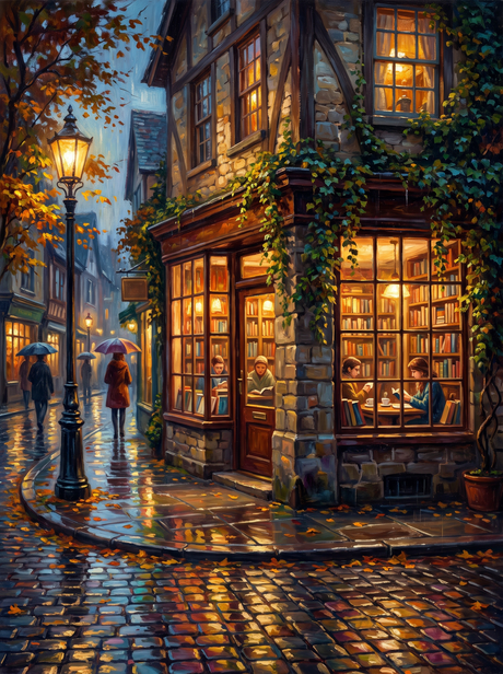 Cozy Bookshop Cafe Rainy Night