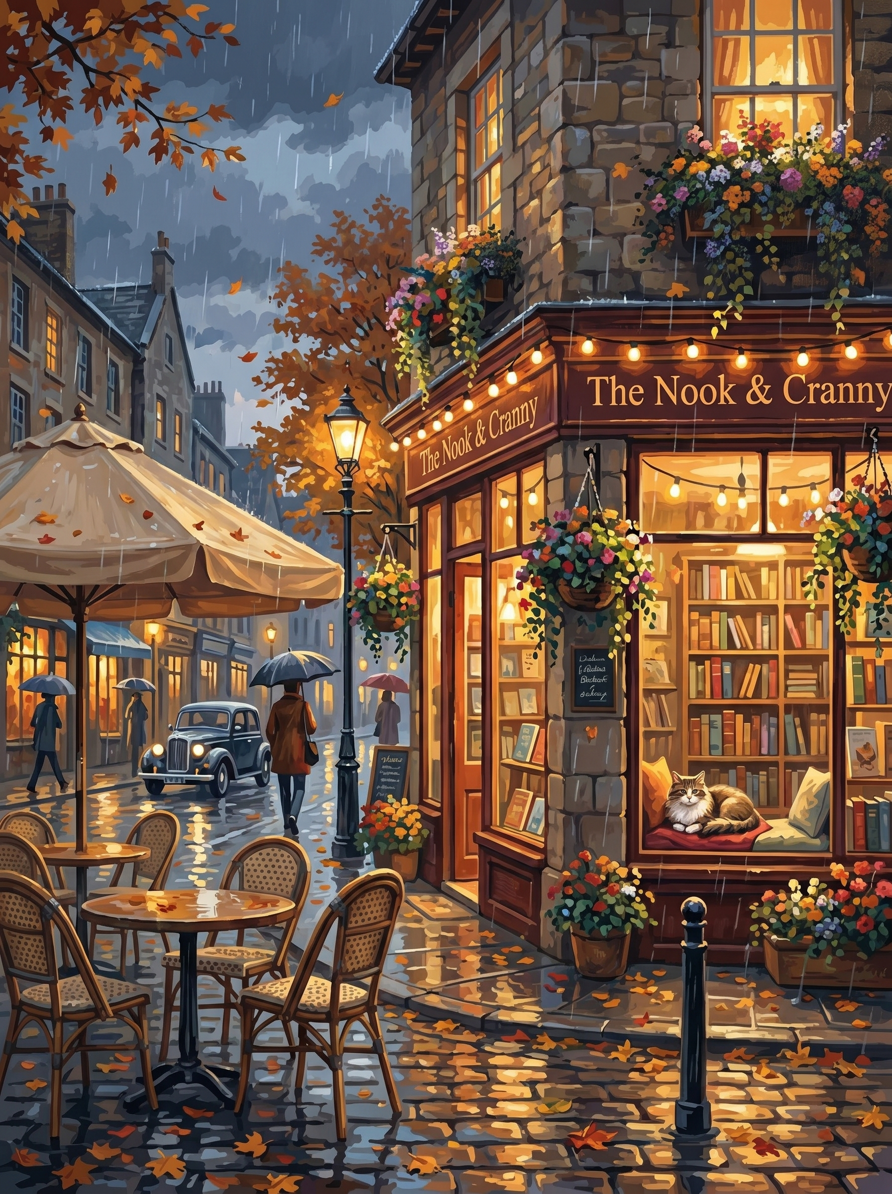 Cozy Bookshop Cafe Rainy Night (150 Color Diamond Painting)