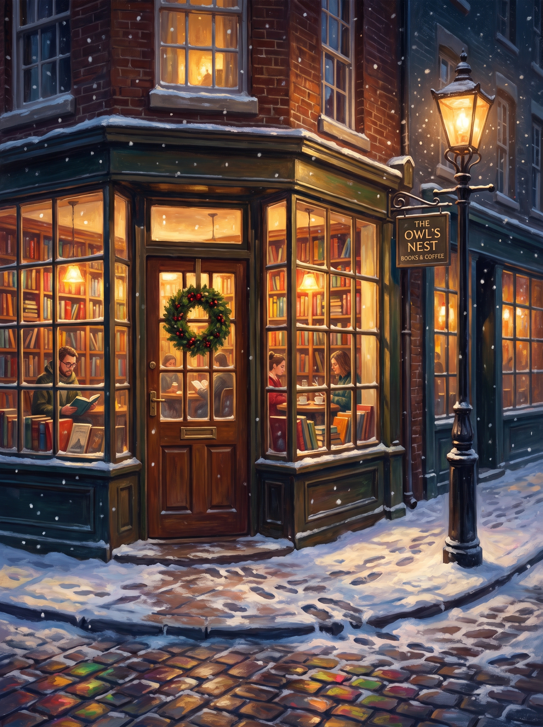 Cozy Bookshop Cafe Snowy Night