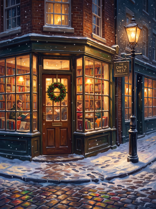 Cozy Bookshop Cafe Snowy Night