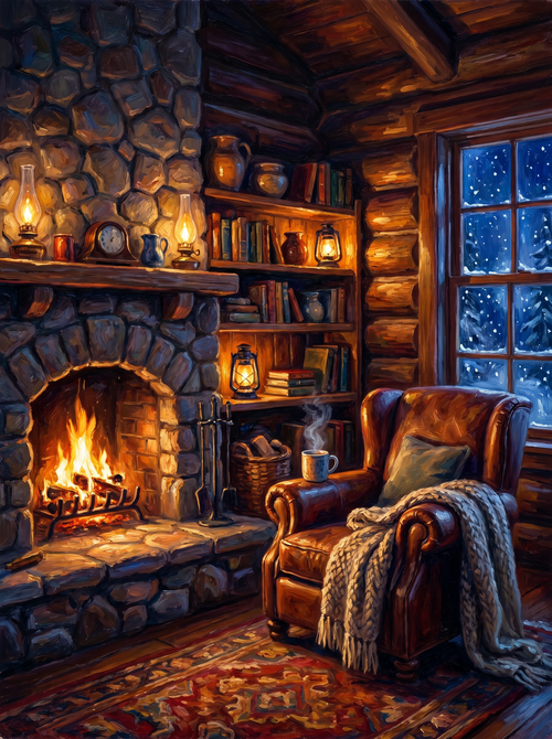 Cozy Cabin Interior Fireplace Snow