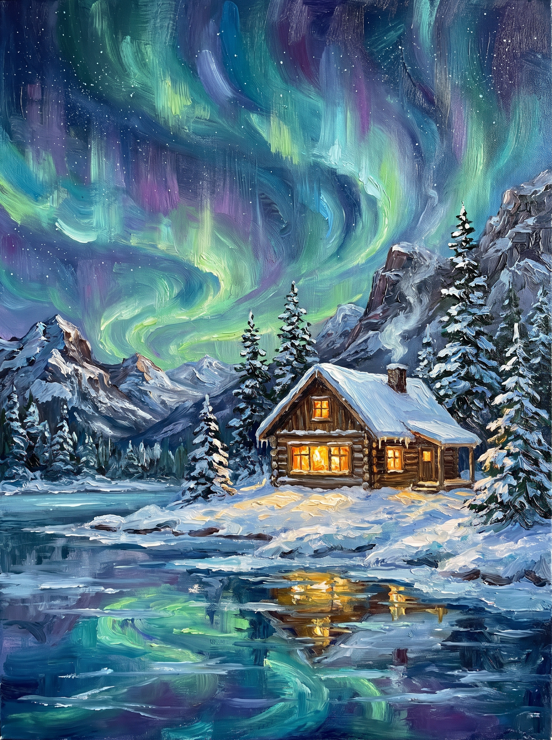 Cozy Cabin Snowy Aurora Night