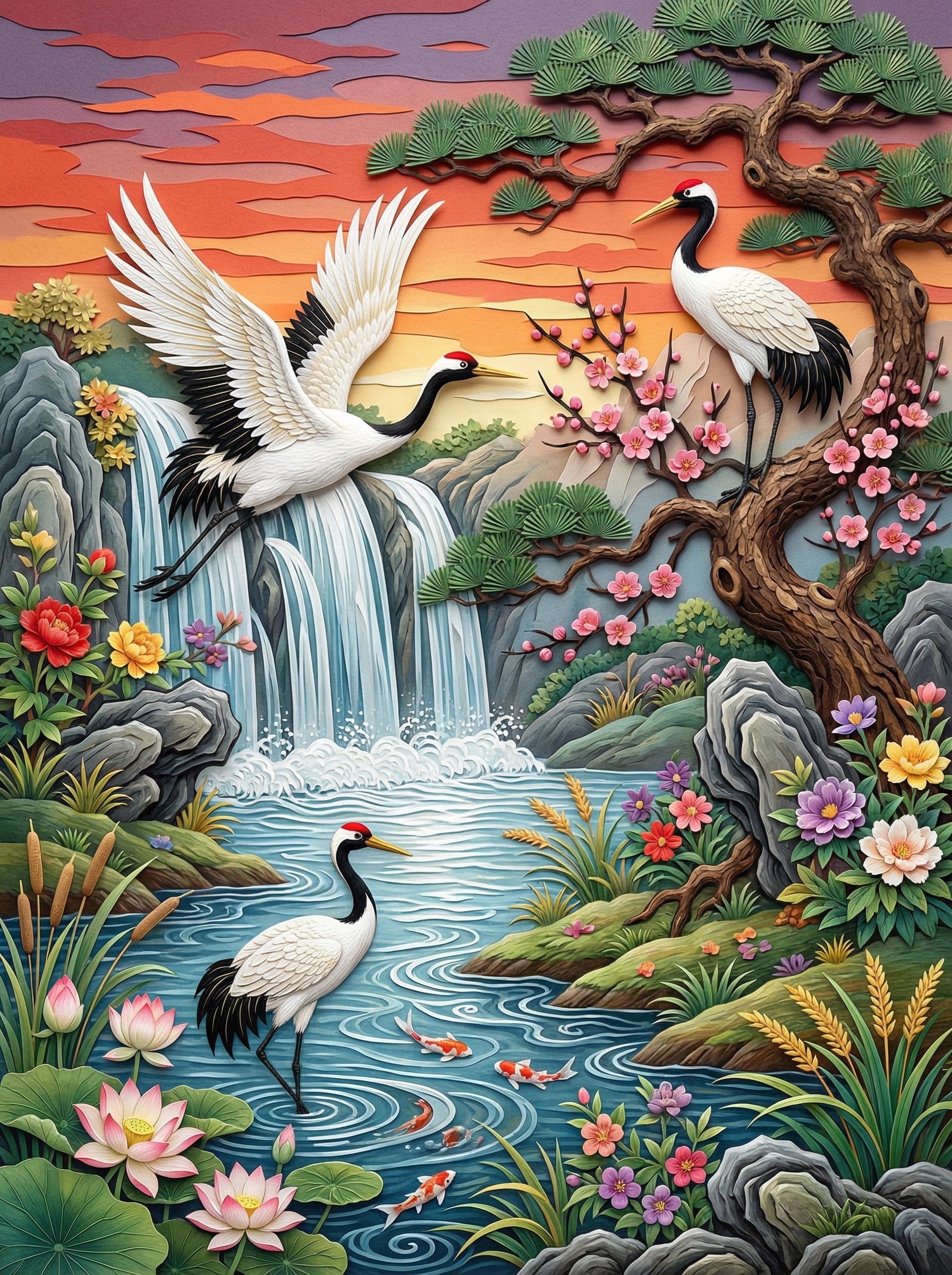 Cranes And Waterfall (Diamond Painting) Diamond Painting kit