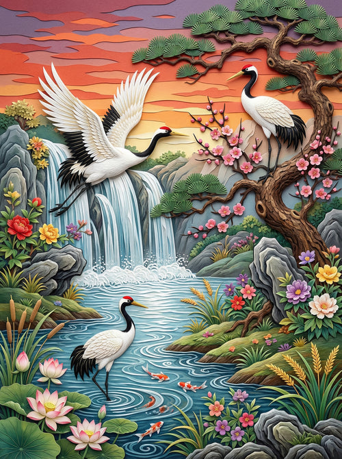 Cranes And Waterfall (Diamond Painting) Diamond Painting kit