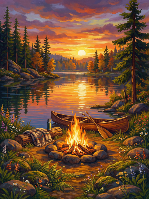 Golden Sunset Lake Campfire Canoe (Board Canvas)