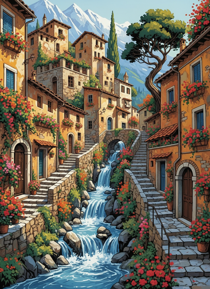 Cascading Village (100 Color Diamond Painting) Diamond Painting kit