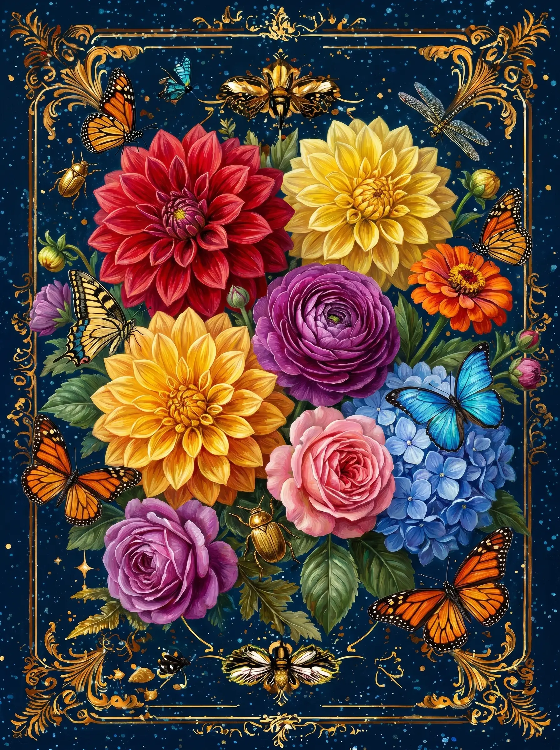 Dahlia Bouquet Butterfly Frame (Diamond Painting)