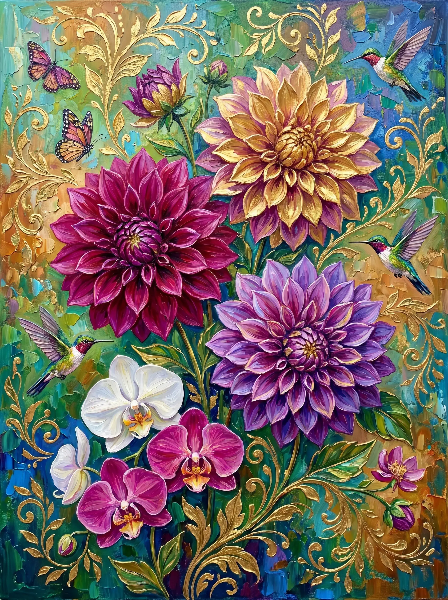 Dahlia Hummingbird Gold Filigree (Diamond Painting)