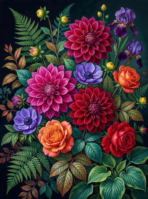 Dahlia Rose Bouquet Dark (Diamond Painting)