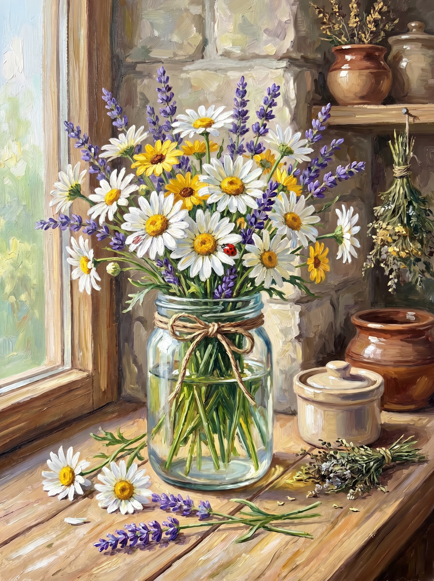 Daisies Lavender Mason Jar (Diamond Painting)