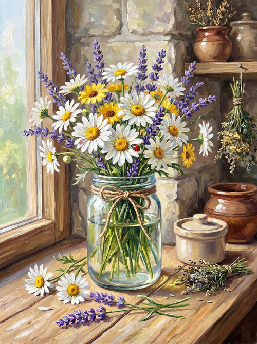 Daisies Lavender Mason Jar (Diamond Painting)