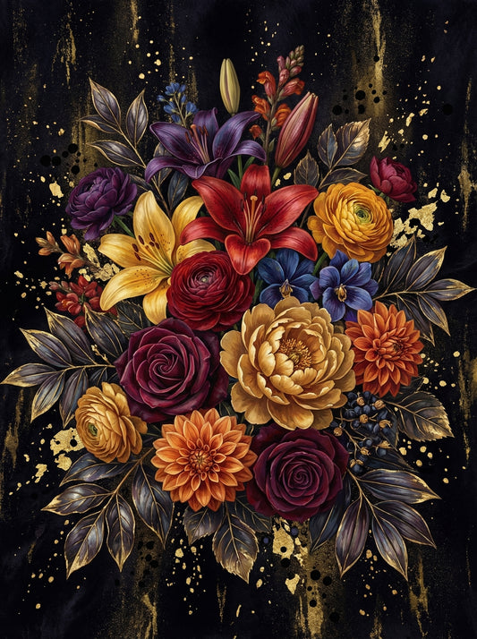 Dark Gold Lily Dahlia Bouquet (100 Color Diamond Painting)