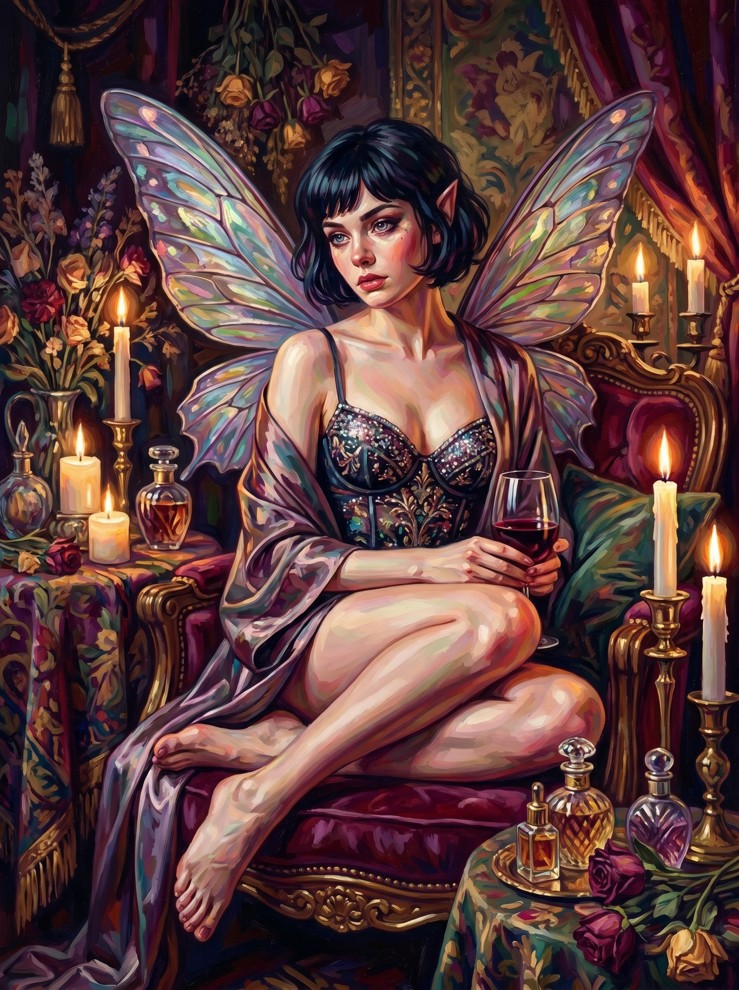Dark Hair Fairy Boudoir Wine (150 Color Diamond Painting)