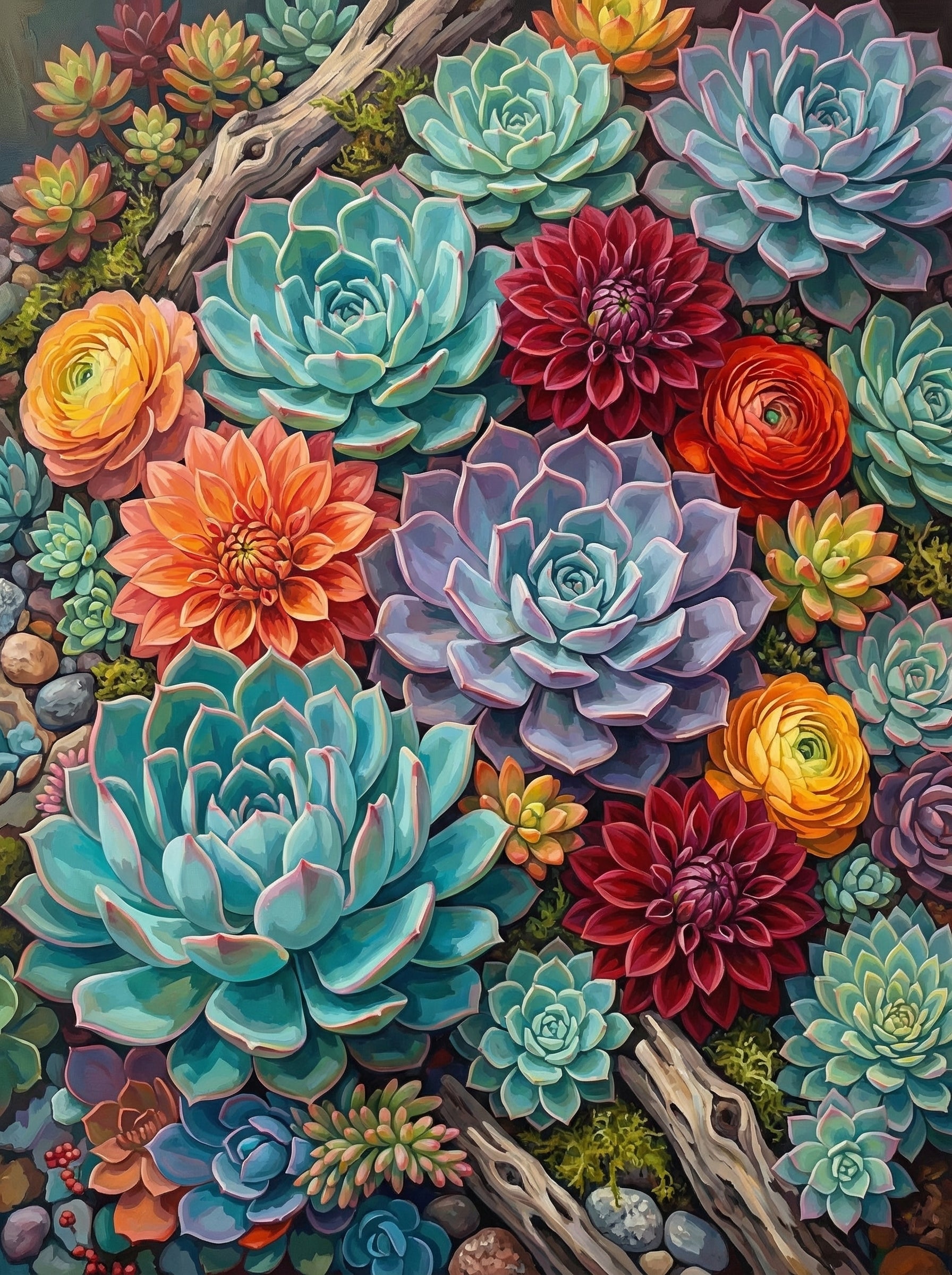Desert Succulents And Branches (100 Color Diamond Painting)