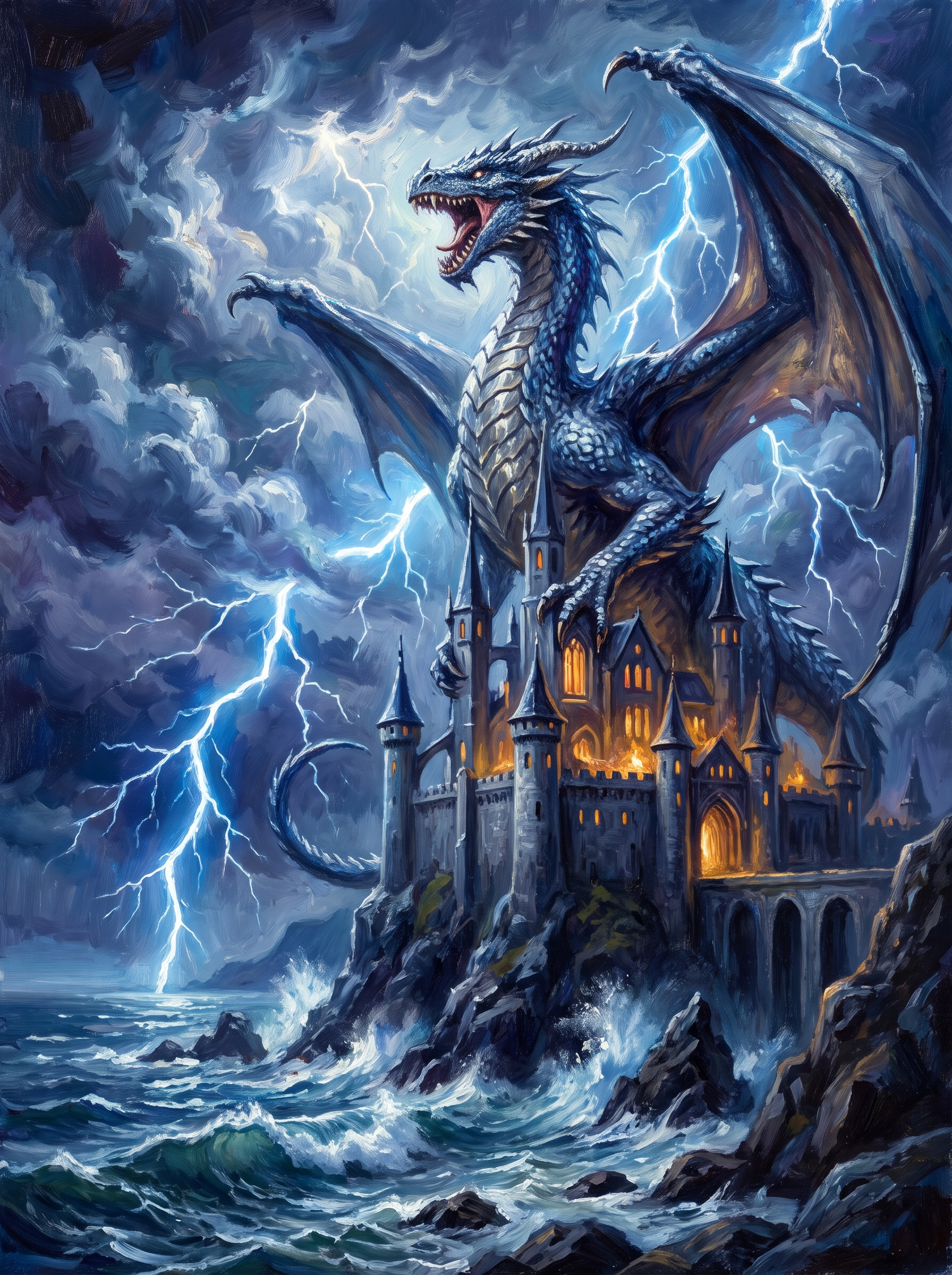Dragon Flying Stormy Castle Lightning
