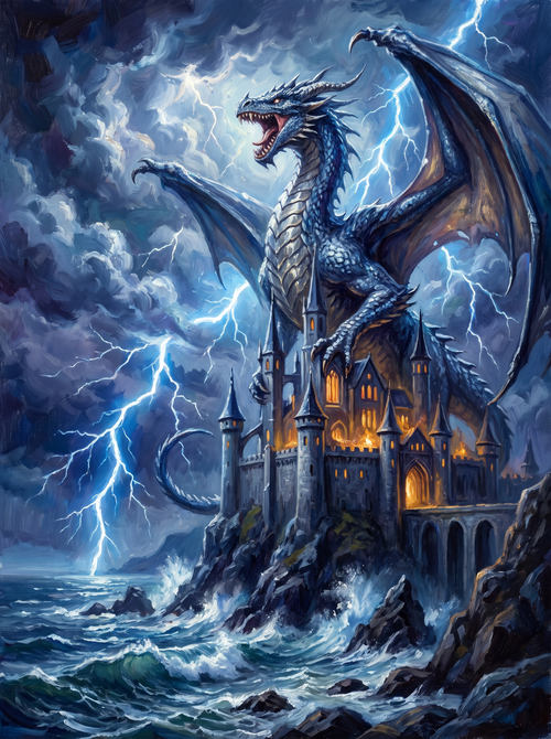 Dragon Flying Stormy Castle Lightning