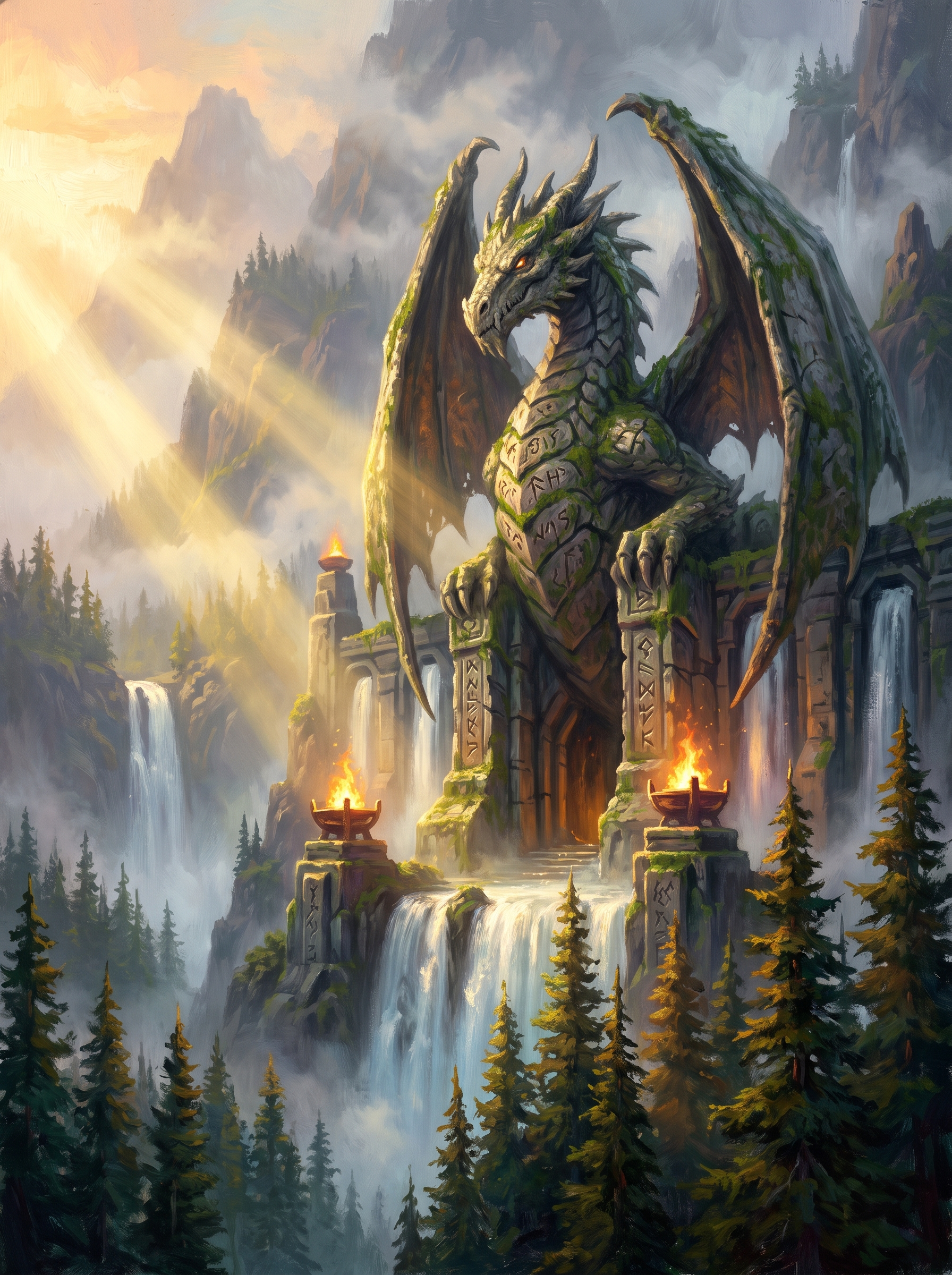 Dragon Temple Misty Mountains Dawn