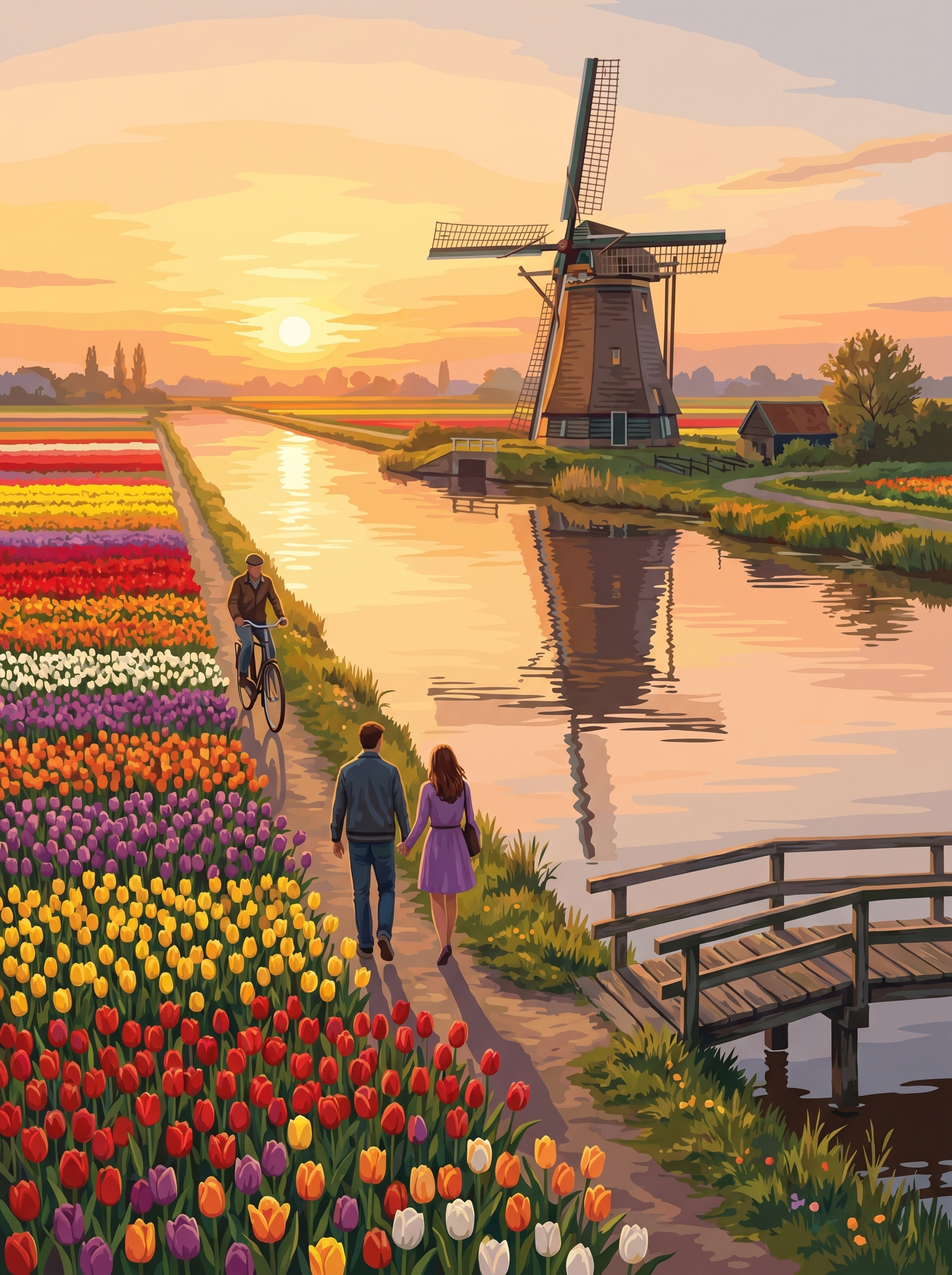 Dutch Windmill Tulip Sunset (150 Color Diamond Painting)