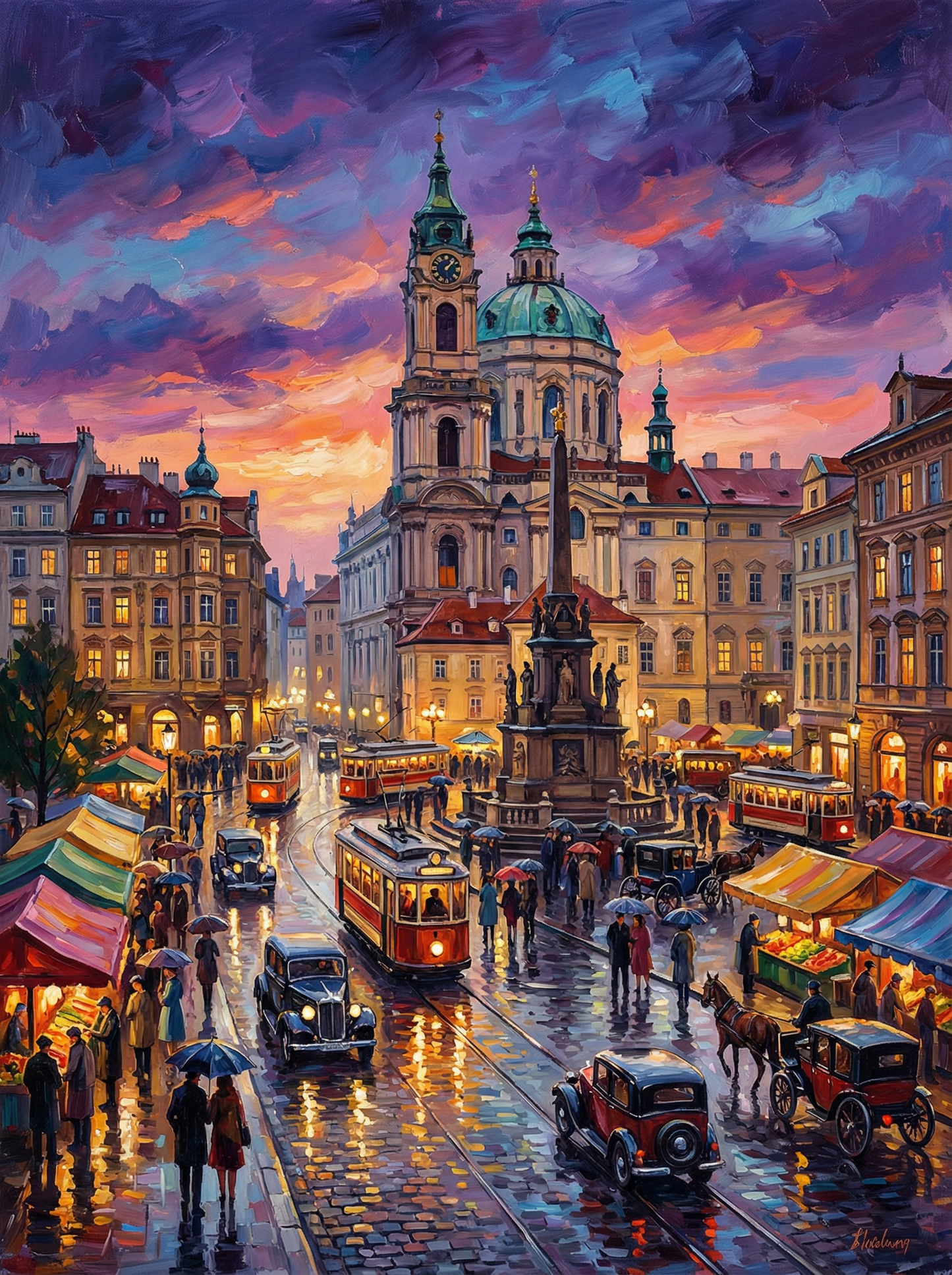 Old Town Twilight Tram (100 Color Diamond Painting)