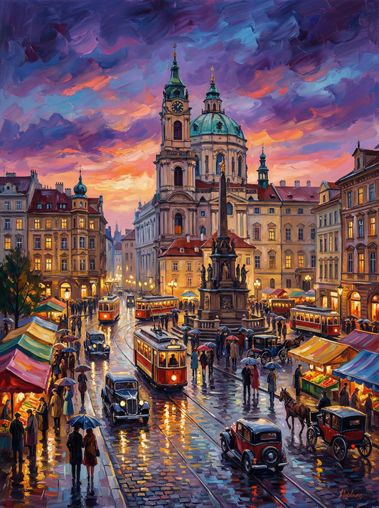 Old Town Twilight Tram (100 Color Diamond Painting)