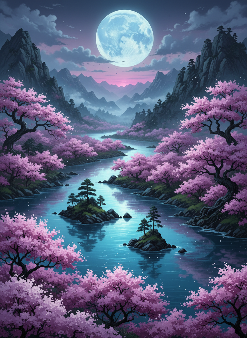 Moonlit Blossom Valley (100 Color Diamond Painting) Diamond Painting kit