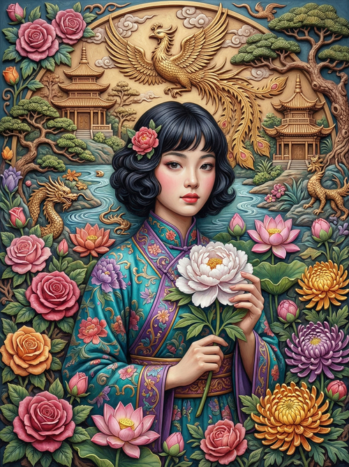 Eastern Woman With Roses (100 Color Diamond Painting)