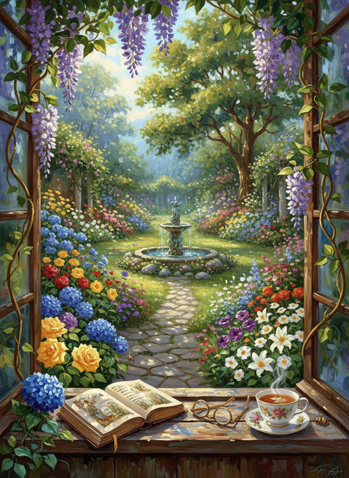 Garden View with Tea (Board Canvas)