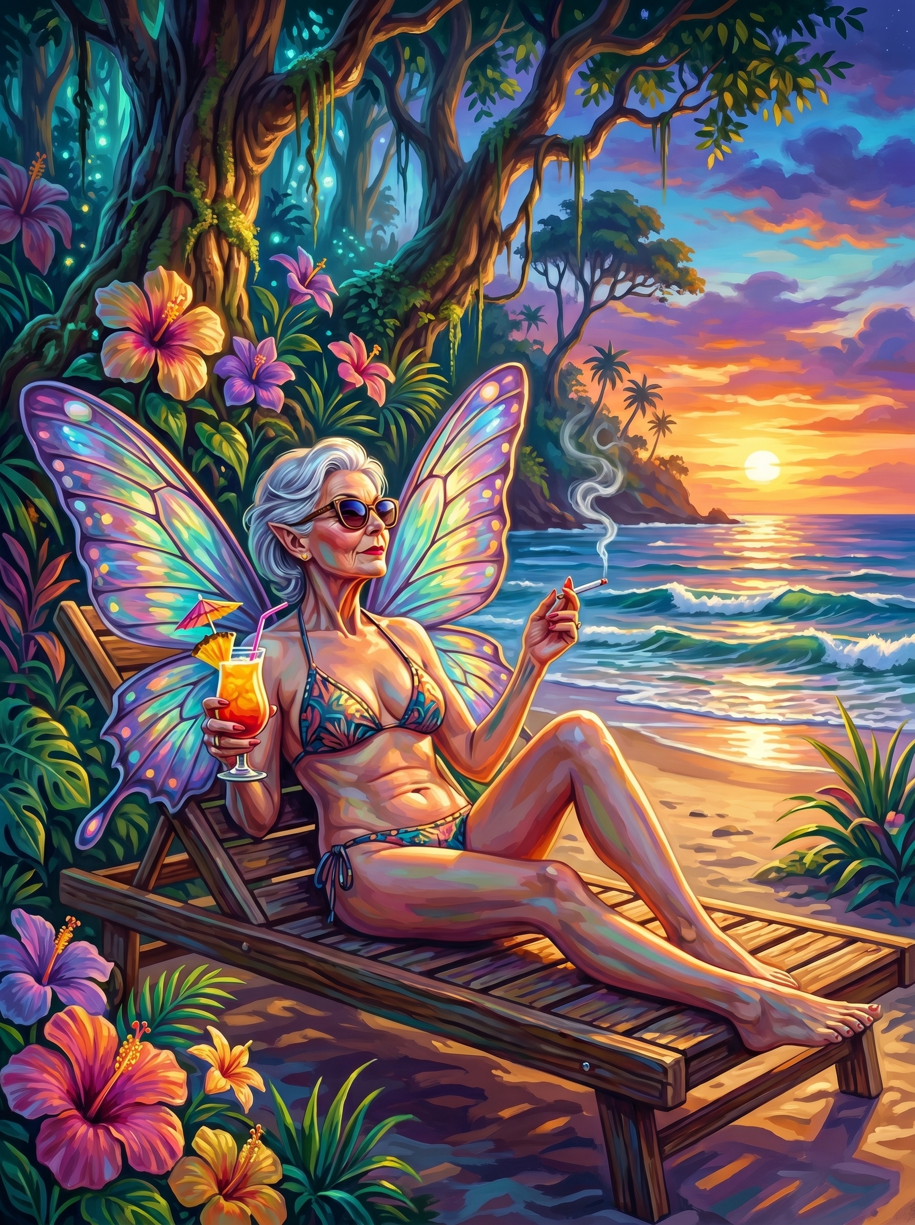 Elder Fairy Beach Lounger Sunset (150 Color Diamond Painting)