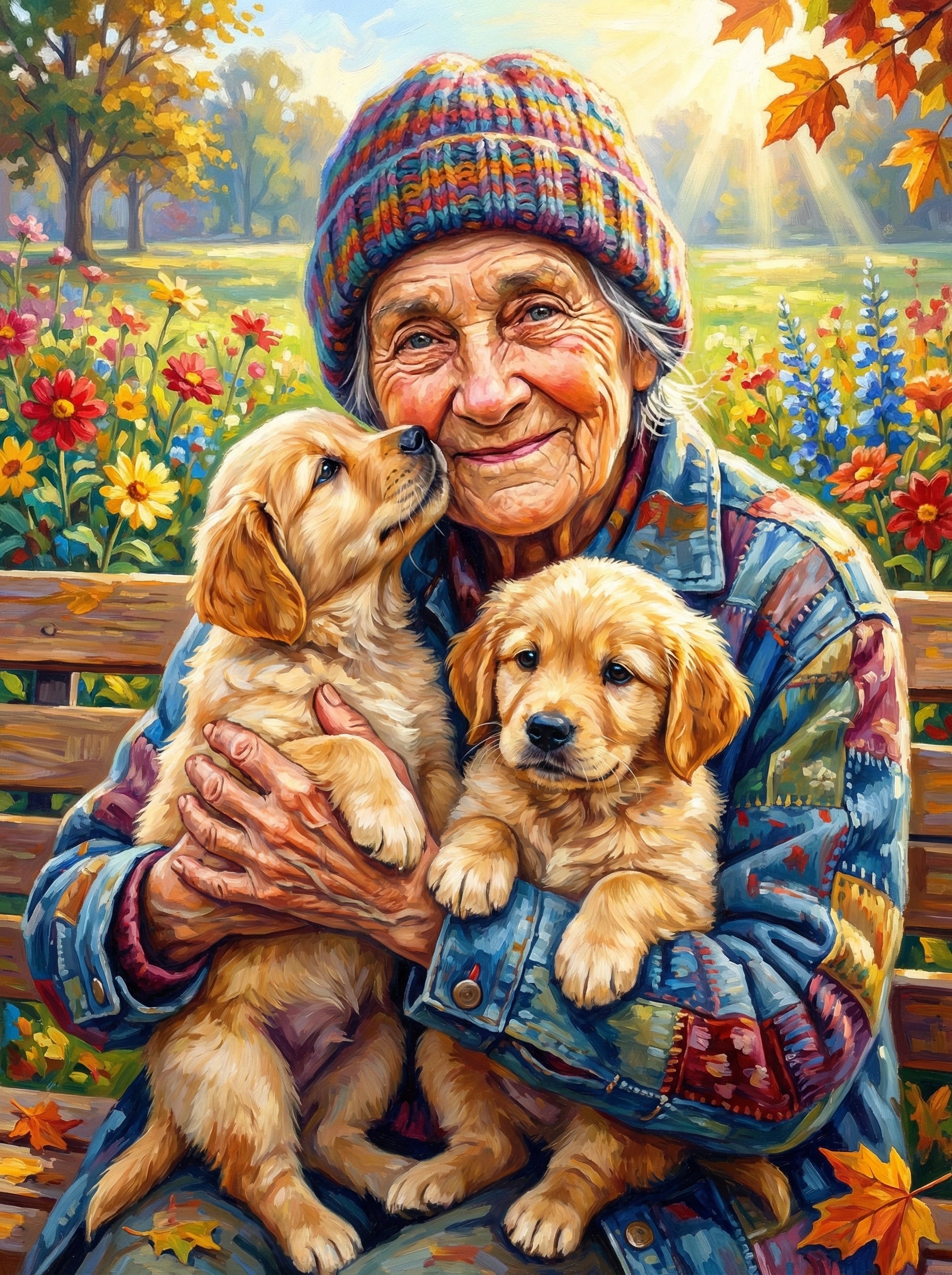 Elderly Woman Holding Golden Retrievers (100 Color Diamond Painting) Diamond Painting kit