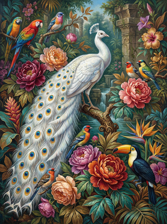 Elegant White Peacock (100 Color Diamond Painting)