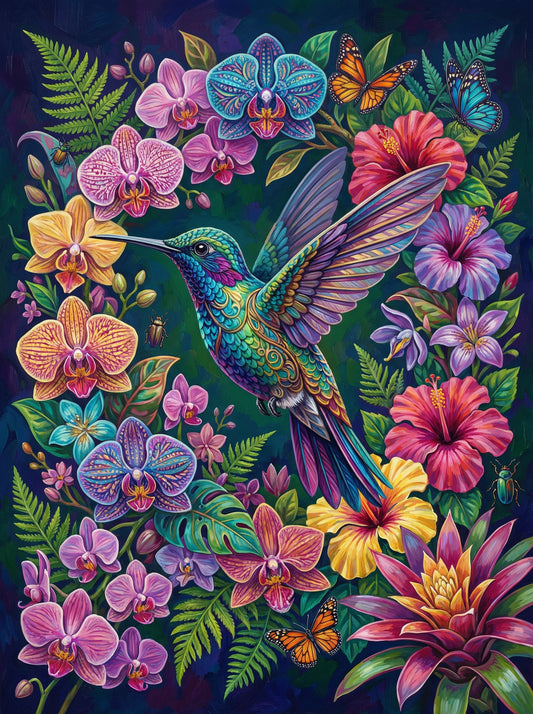 Emerald Hummingbird Flowers (100 Color Diamond Painting)
