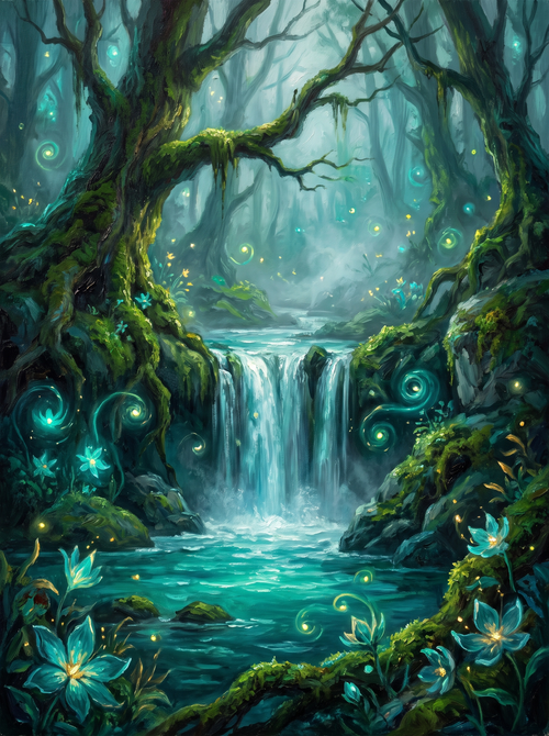 Enchanted Waterfall Glowing Pool Fireflies