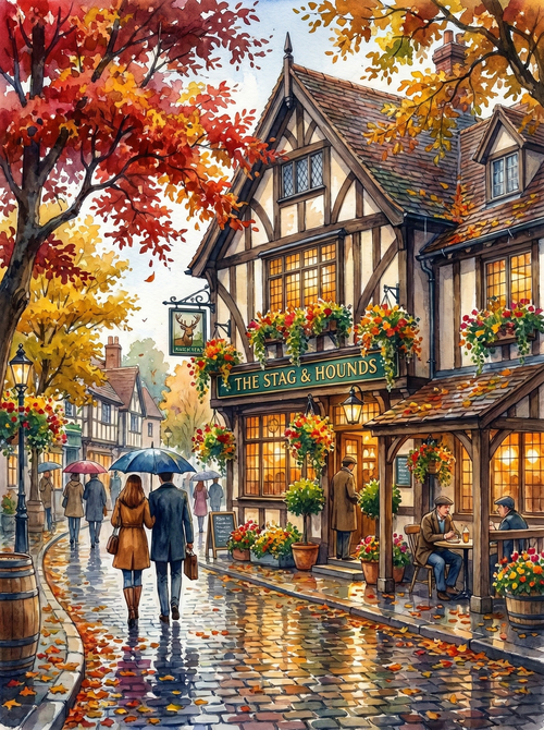 English Village Pub Autumn Watercolor (150 Color Diamond Painting)