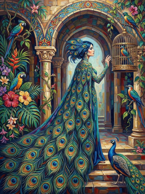 Exotic Peacock Palace Woman (100 Color Diamond Painting)