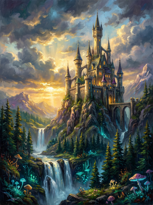 Fairytale Castle Misty Mountain Dawn