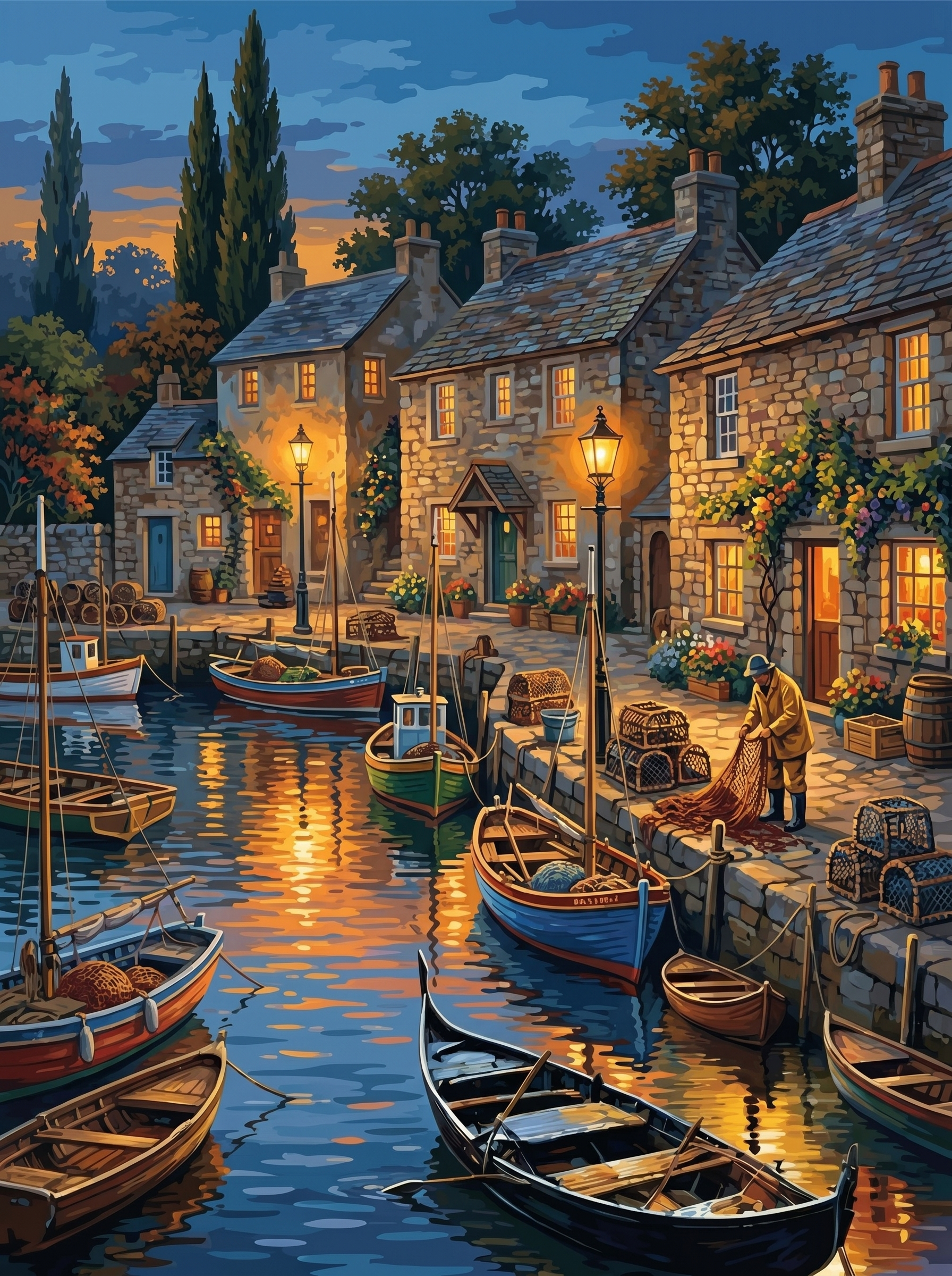 Fishing Village Harbour Evening (150 Color Diamond Painting)