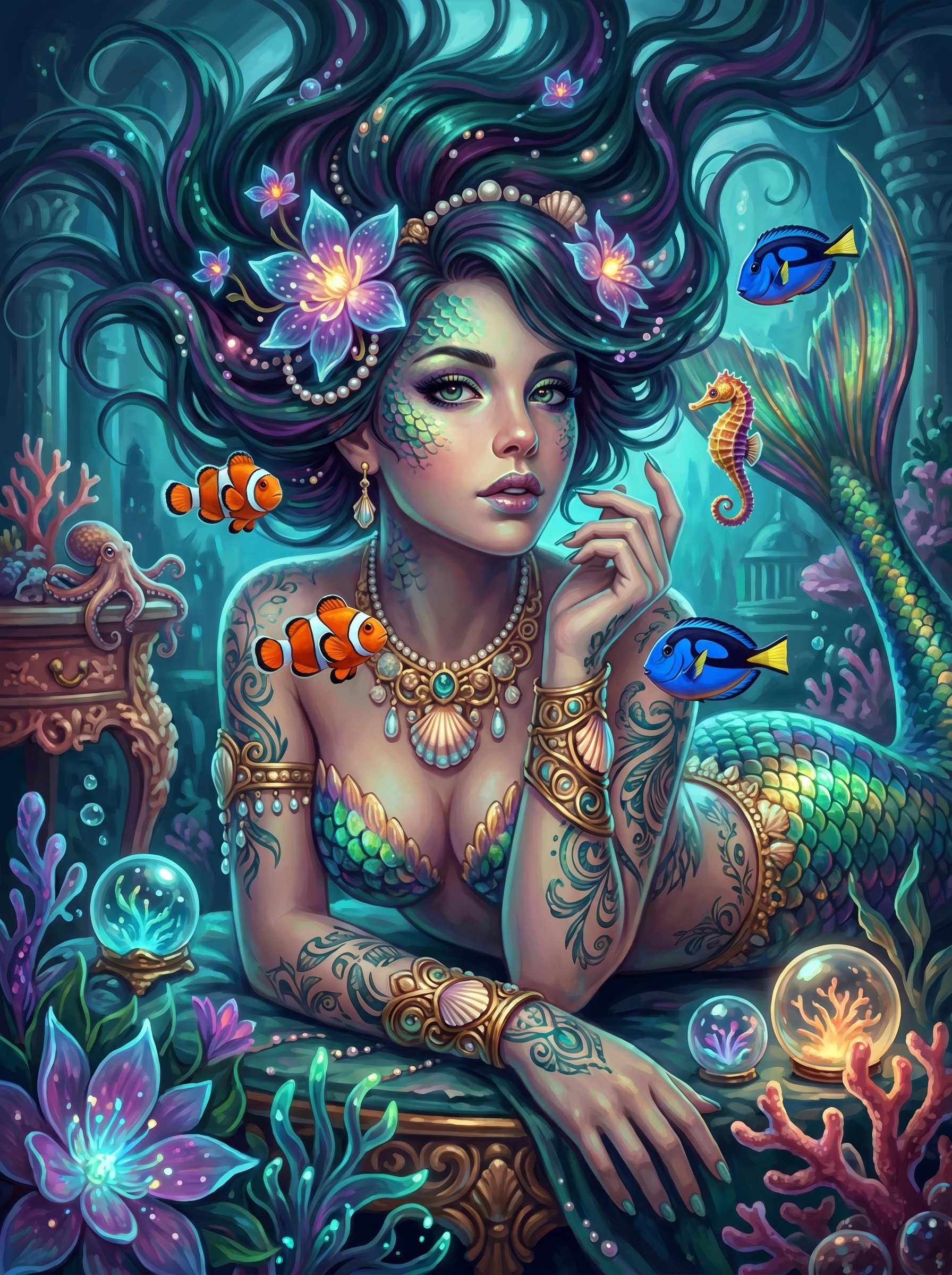 Floral Mermaid Clownfish Bubbles (150 Color Diamond Painting)