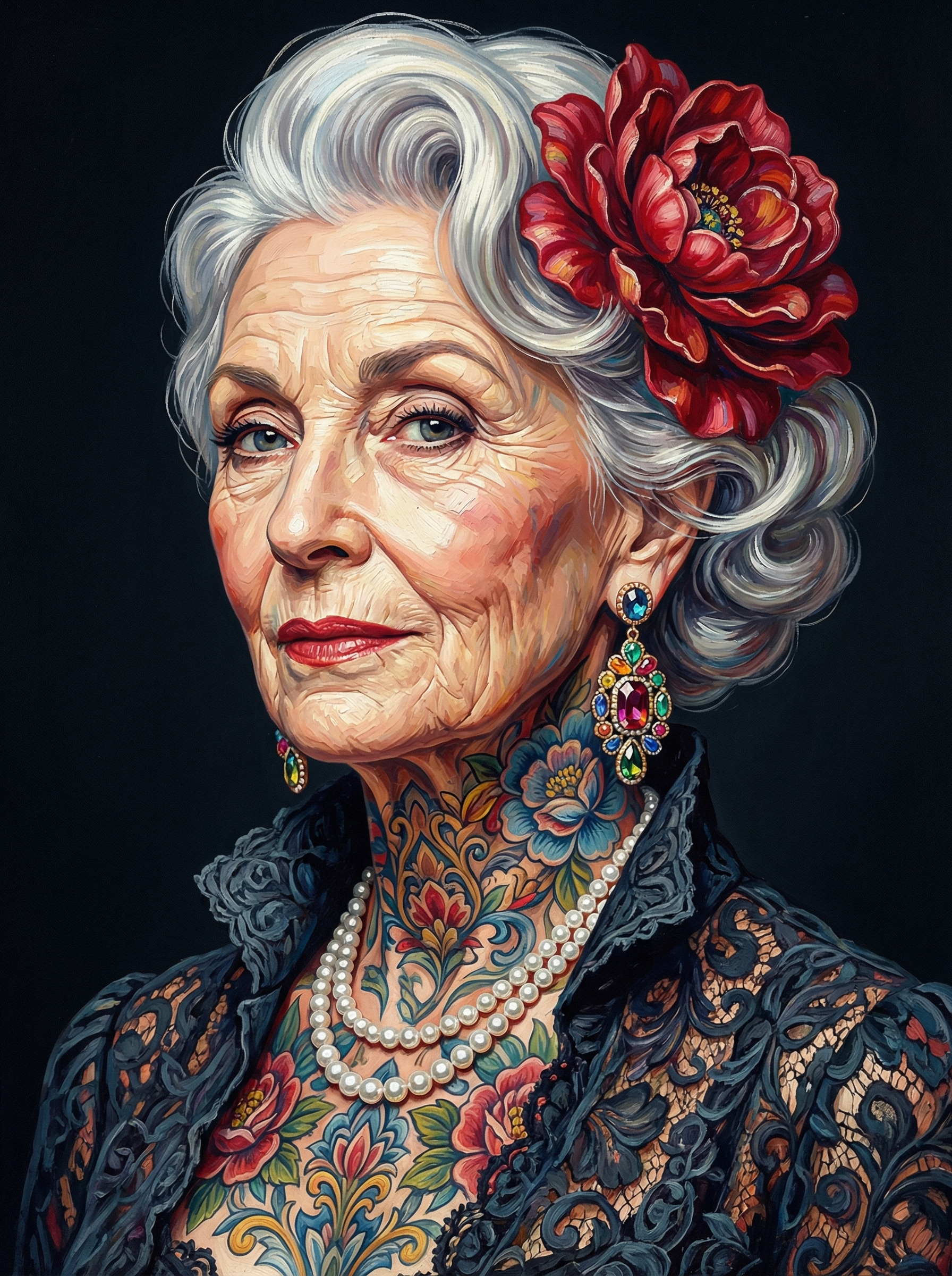 Floral Tattooed Elder Woman (100 Color Diamond Painting)