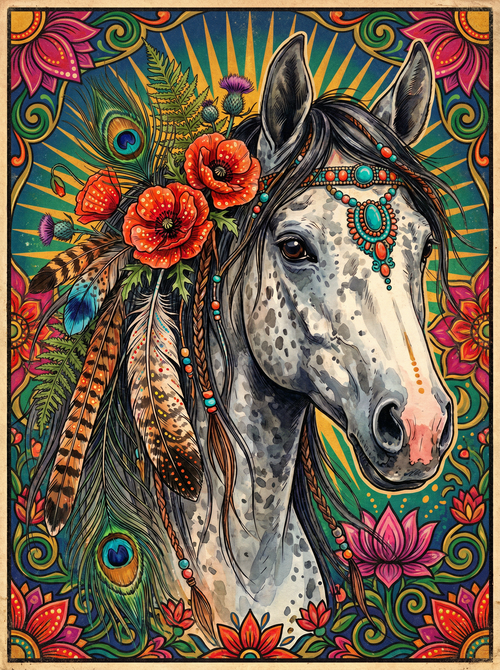 Floral White Horse (150 Color Diamond Painting)