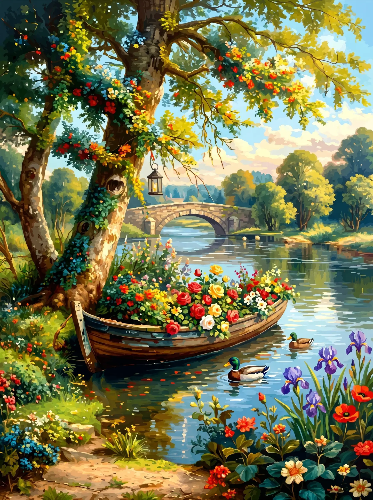 Flower Boat River Bridge (Diamond Painting)