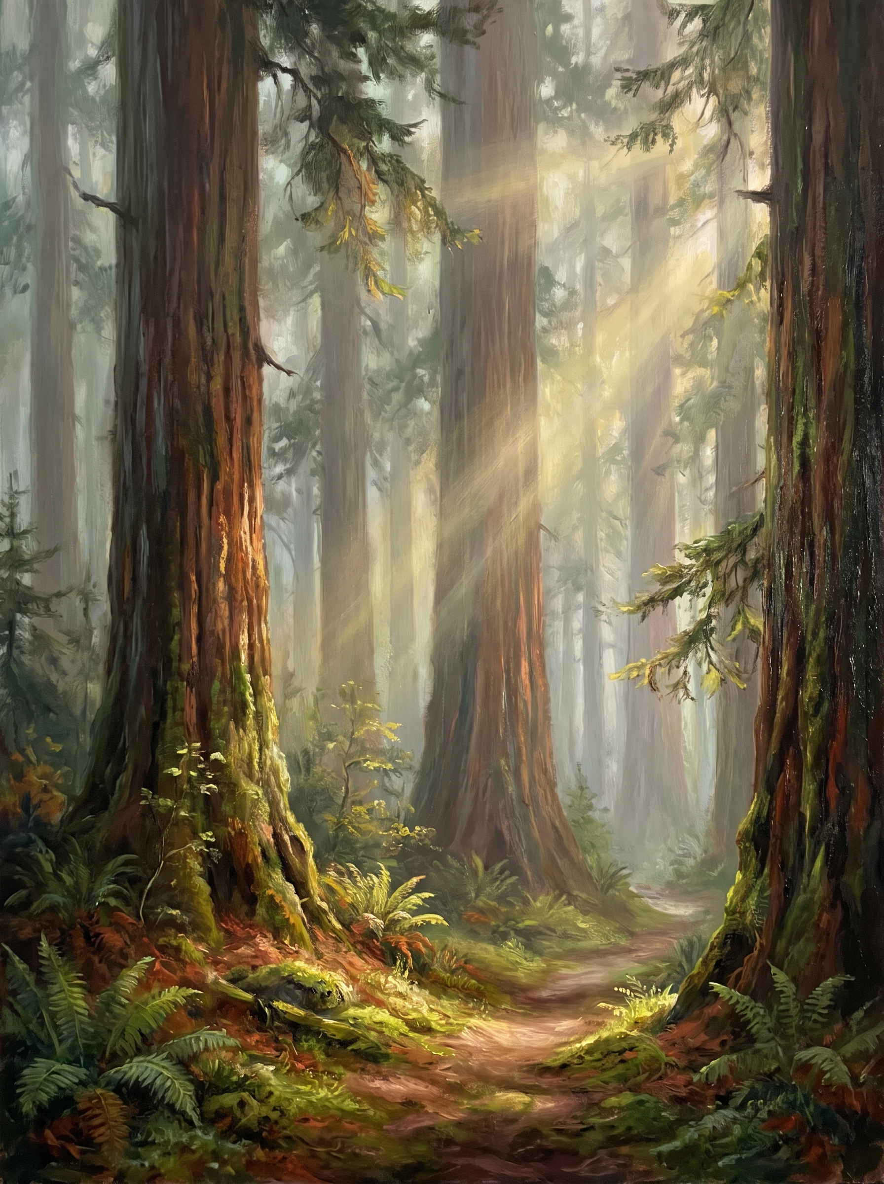 Foggy Redwood Forest Light Beams