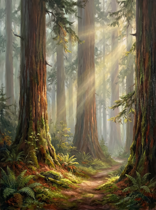 Foggy Redwood Forest Light Beams