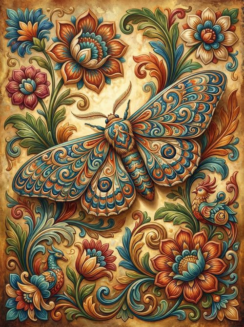 Folk Art Moth Scrollwork (100 Color Diamond Painting)