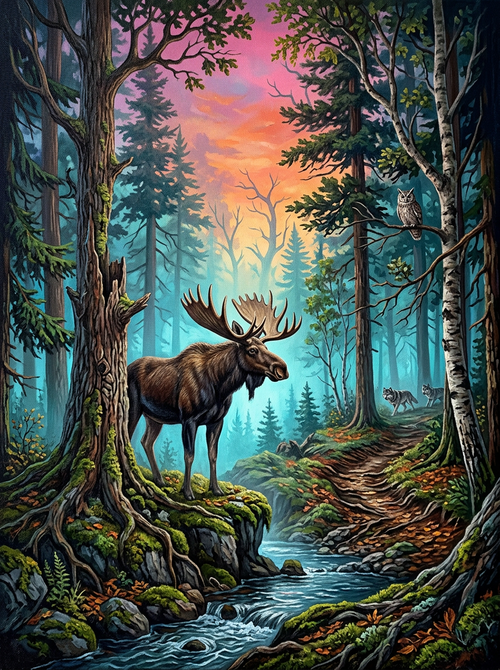 Forest Moose Sunset (Diamond Painting)