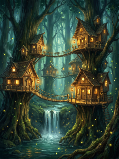 Forest Treehouse Glowing Lanterns Night