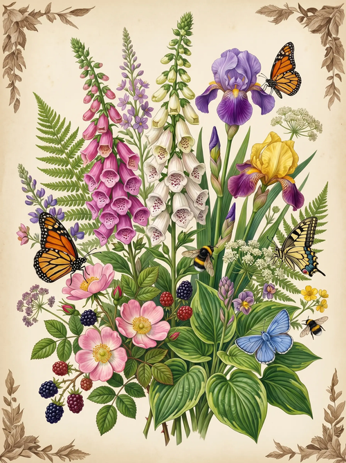 Foxglove Iris Botanical Butterflies (Diamond Painting)