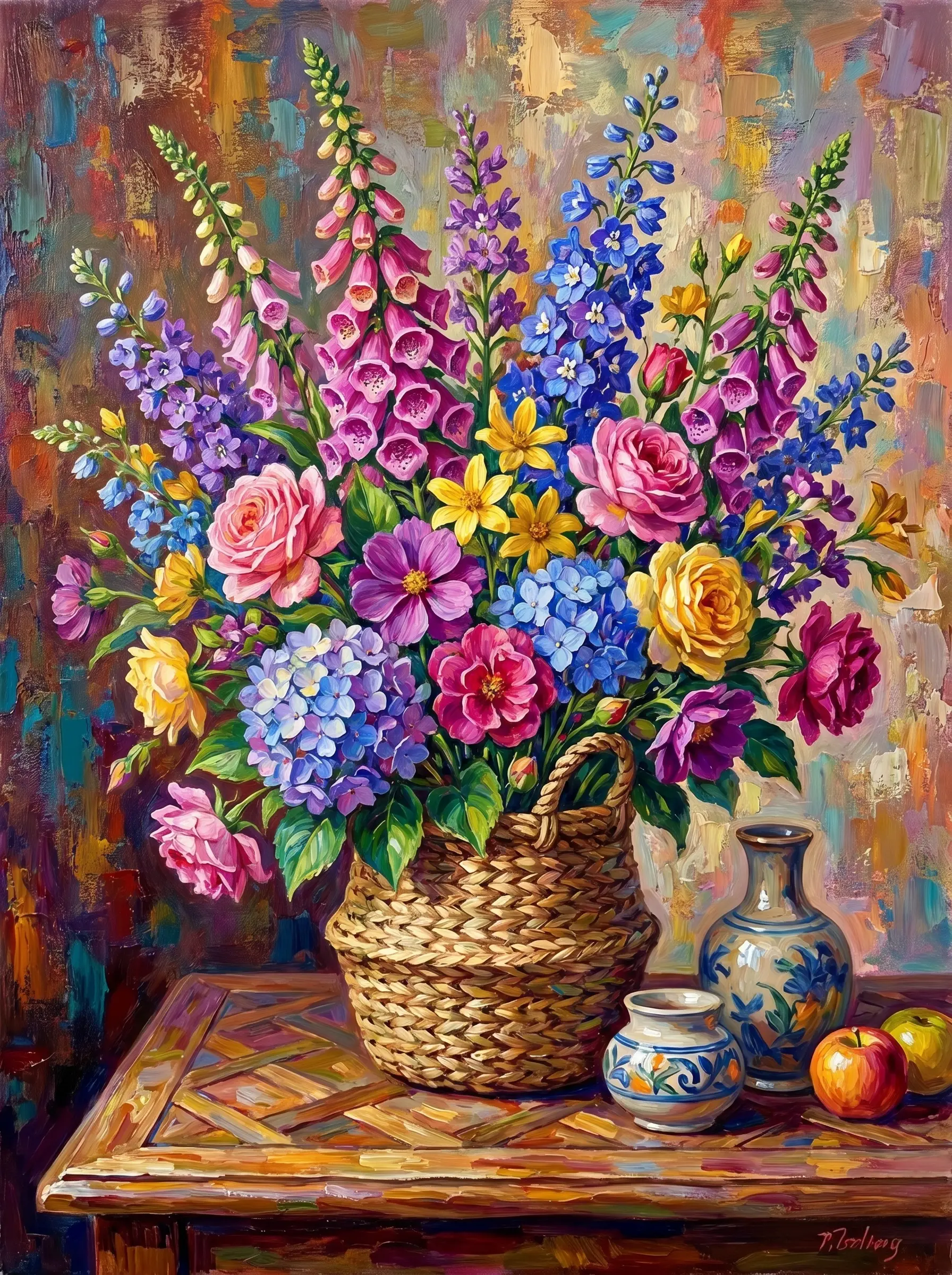 Foxglove Rose Wicker Basket (Diamond Painting)